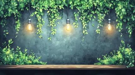 Wooden Tabletop With Hanging Lights and Greenery Against a Concrete Wall Background