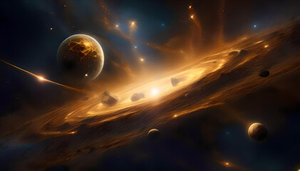 Obraz premium golden planet explosion with asteroids in space