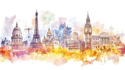 World tourism day watercolor poster illustration with famous world landmarks
