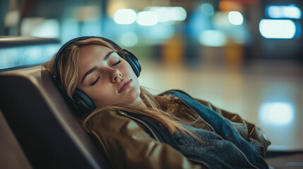 Woman, sleeping or waiting room with earphones at airport for flight delay, departure or jet lag. Young, tired female person or tourist asleep with luggage or headphones at terminal in travel station 
