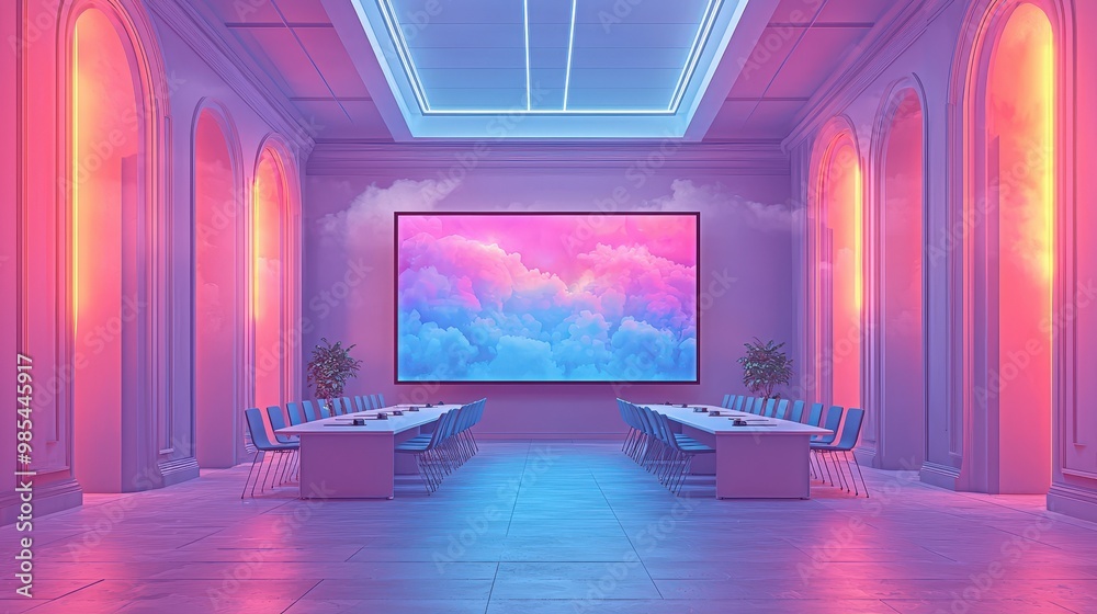 Sticker Neon Lights   Clouds in Empty Conference Room