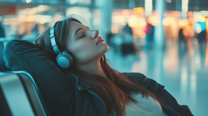 Woman, sleeping or waiting room with earphones at airport for flight delay, departure or jet lag. Young, tired female person or tourist asleep with luggage or headphones at terminal in travel station 