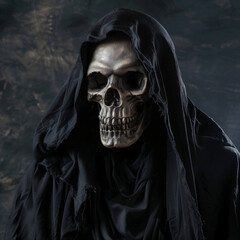 Scary dead ghost skeleton wearing black cloak
