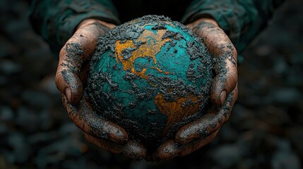 Obraz premium Dirty Hands Holding Globe Environmental Protection Concept