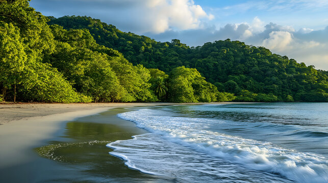 photo of a green island with lush dense forest meeting a serene beach and gentle ocean waves under a blue sky capturing the tranquility of nature ideal for coastal landscapes travel and tropical parad