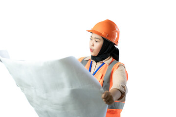 Young Asian female construction worker in hijab who looks confused when looking at the contents of a scroll of blueprints, industrial and construction concepts, isolated white background.