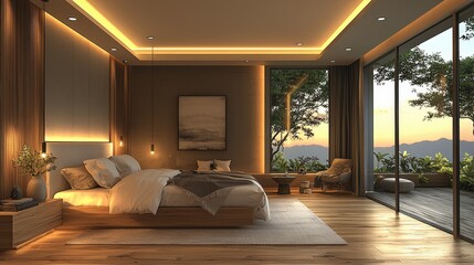 Modern Bedroom Interior Design with Wooden Floor  Large Window and Sunset View