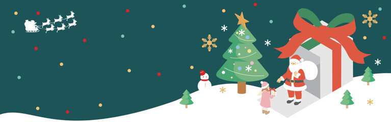 バナー　フレーム　クリスマス　アイソメトリック　サンタクロース　街並み　背景　イラスト素材