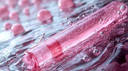 Pink Cosmetic Bottle in Water with Bubbles