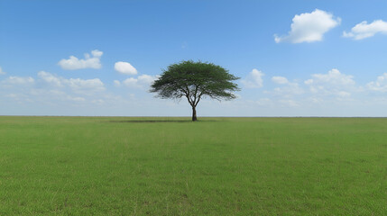 Fototapeta premium photo of a vast open grassland with a single acacia tree under a bright blue sky with scattered clouds symbolizing isolation and serenity in a wide African savanna landscape ideal for peaceful and min
