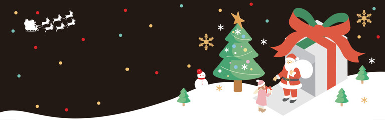 バナー　フレーム　クリスマス　アイソメトリック　サンタクロース　街並み　背景　イラスト素材