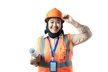 young Asian female construction worker wearing hijab standing looking at the camera while raising her arm, strong and mighty female worker, industrial and construction concept, isolated white backgrou