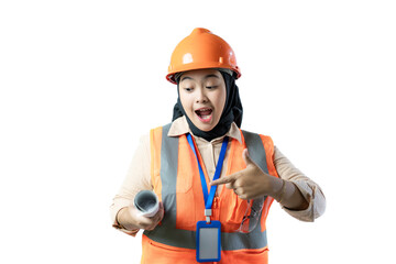 young Asian female construction worker in hijab stands pointing to a roll of blueprints she is carrying, industrial and construction concepts, isolated against a white background.