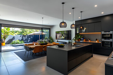 Fototapeta premium Beautiful open plan matte black kitchen and kitchen island with dining area