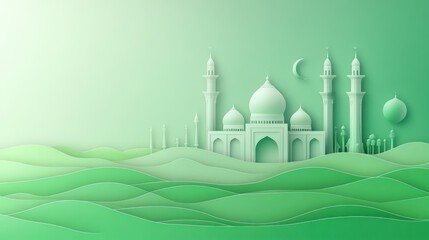 green banner with Islamic Ramadan background and mosque silhouette