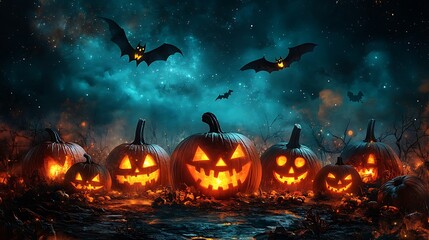Pumpkin Patch: Rows of glowing jack-o'-lanterns at the bottom, with a starry night sky and flying bats above. 