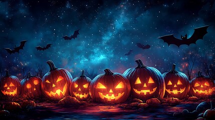 Pumpkin Patch: Rows of glowing jack-o'-lanterns at the bottom, with a starry night sky and flying bats above. 