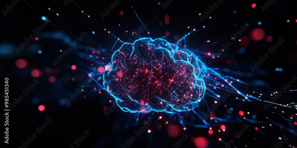 Poster a computer generated image of a brain with blue and red colors. the image is abstract and surreal, w