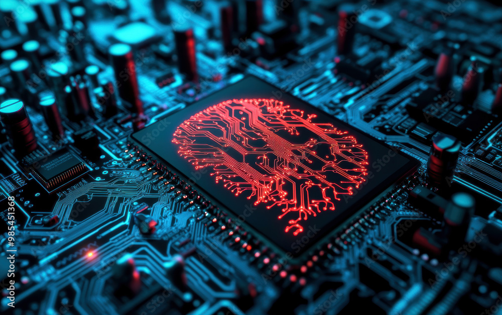 Poster a computer chip with a red brain on it is displayed