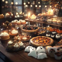 Halloween bakery stall with spooky pies ghost cupcakes