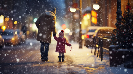 Obraz premium Family enjoys a whimsical winter stroll in the snow