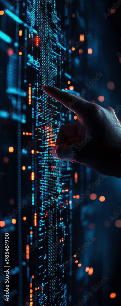 Poster a hand pointing at a computer screen with a lot of numbers and dots. concept of technology and the i
