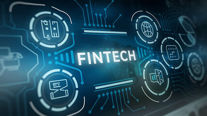 "Fintech" concept with digital icons, financial technology concept.Business, Technology, Internet, and network concept