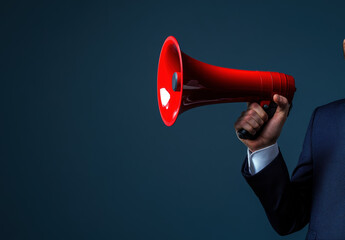 A man is holding a red microphone and is standing in front of a blue background. Concept of importance and authority, as the man is ready to speak into the microphone