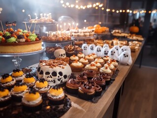 Fototapeta premium Halloween dessert table with spooky skull cakes ghost cupcakes