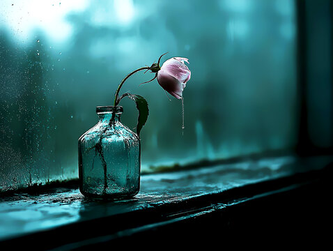 A wilted flower in a broken vase on a windowsill, fragility, symbol of impermanence and sadness