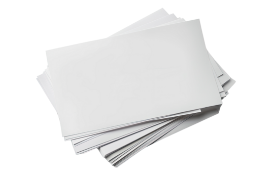 A stack of blank white sheets of paper on a transparent background. Cut out or PNG.