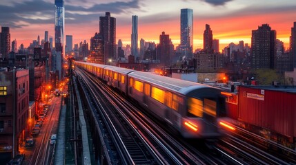 Subway Train in Motion. Dynamic Cityscape in Long Exposure