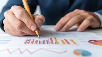 Close-up of a team member taking notes on statistical charts during a collaborative business presentation, emphasizing attention to detail Note-taking, Statistical presentation