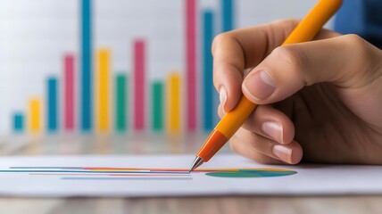 Close-up of a team member taking notes on statistical charts during a collaborative business presentation, emphasizing attention to detail Note-taking, Statistical presentation