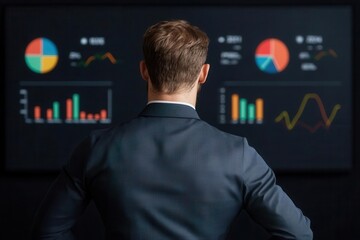 Presenter using a large interactive display to share statistical trends and financial forecasts during a business presentation Interactive display, Business statistics
