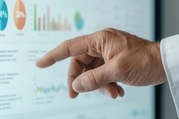 Presenter using a large interactive display to share statistical trends and financial forecasts during a business presentation Interactive display, Business statistics