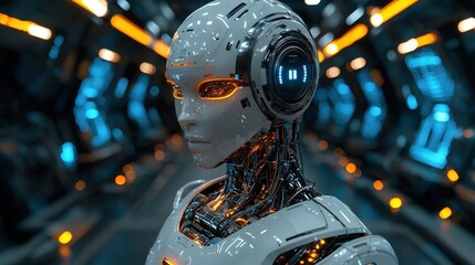 Fototapeta premium Futuristic Robot Woman with Glowing Eyes and Wires