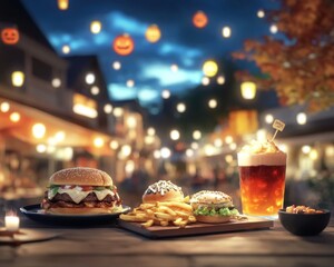 Halloween food festival scene with eerie dishes like monster fries blood-red burgers