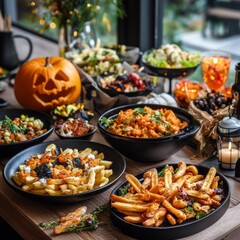 Obraz premium Halloween food table with eerie dishes like gory finger-shaped fries pumpkin bread