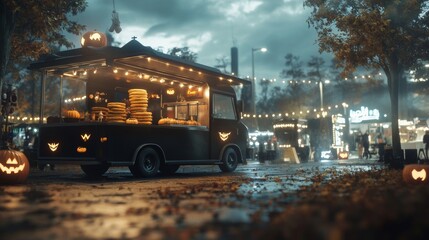 Obraz premium Halloween food truck serving eerie bat-shaped pancakes ghost-themed milkshakes