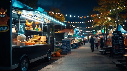 Obraz premium Halloween food truck serving eerie bat-shaped pancakes ghost-themed milkshakes