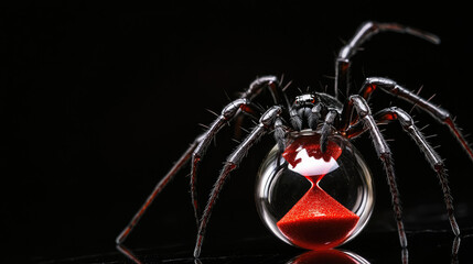 A black widow spider with a red hourglass, isolated against a black background.