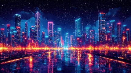 Fototapeta premium Cyberpunk Cityscape at Night with Neon Lights and Reflections