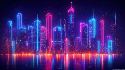 Neon Cityscape Reflection   Nighttime Urban Skyline with Vivid Lights