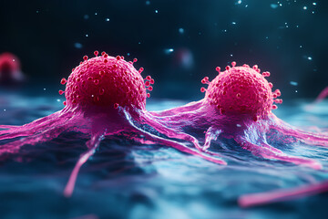 Biological lymphocytes and cancer cell, 3d rendering