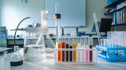 Laboratory setup featuring various test tubes and flasks filled with colorful liquids, illustrating active chemical experiments and research processes.