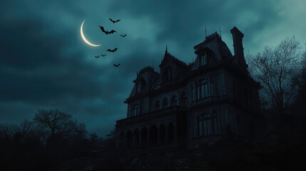 This spooky mansion is bathed in the eerie light of a crescent moon, with bats circling above, creating a chilling and mysterious scene.