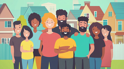 Community and sharing between neighbors. Neighborhood concept meeting or acts of care - care jobs. A group of multicultural people embracing seen from the front with a background of houses .