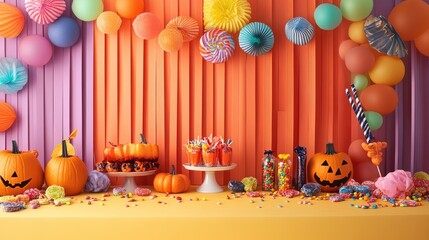 Fototapeta premium Playful Halloween setup with colorful candy, festive decorations, and cute costumes for a fun, family-friendly vibe