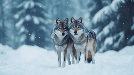 Fototapeta premium Two wolves standing in the snow, one of which is looking at the camera